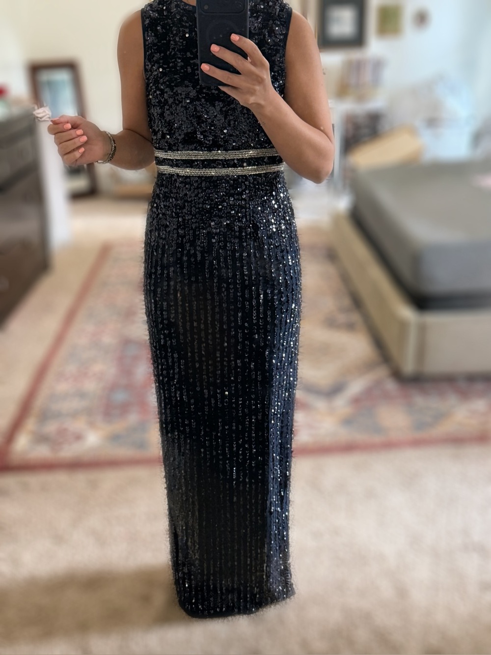 MAC DUGGAL Dress Size 2 Navy Blue Sequin Beaded Belt Line Maxi